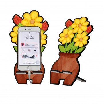 Sarı Çiçek Tasarım Ahşap Telefon Standı