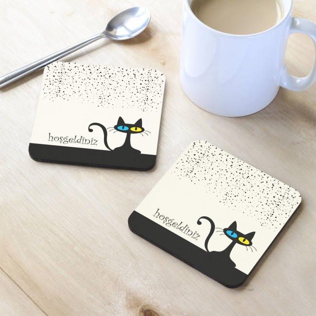 Kedi Hosgeldiniz Tasarim Mdf Bardak Altligi 10x10 Cm Ahsap